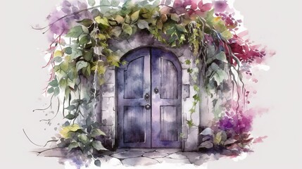  a watercolor painting of a doorway with vines and flowers.  generative ai