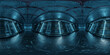 HDRI panoramic view of dark blue spaceship interior. High resolution 360 degrees panorama reflection mapping of a futuristic spacecraft 3D rendering