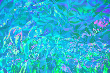 Wall Mural - Abstract holographic background in 80s, 90s style. Modern pastel green, blue, mint, turquoise crumpled metallic psychedelic holographic foil texture. Vaporwave, psychedelic retro futurism, syberpunk