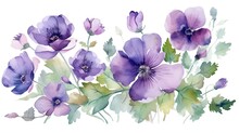  A Watercolor Painting Of Purple Flowers And Leaves On A White Background.  Generative Ai