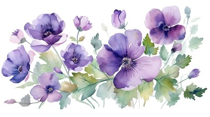  a watercolor painting of purple flowers and leaves on a white background.  generative ai