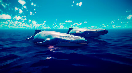 Two humpbacks swimming in the ocean under cloudy blue sky. Generative AI.