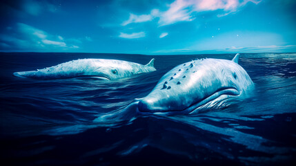 Whale swimming in the ocean with another whale in the water behind it. Generative AI.