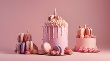  A Pink Cake With Pink Icing And Macaroons.  Generative Ai