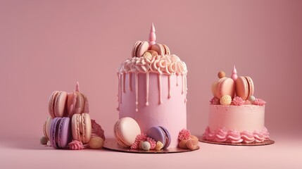 Wall Mural -  a pink cake with pink icing and macaroons.  generative ai