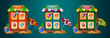 © klyaksun - Summer ui game shop frame button with sweets icon. Mobile wood store box on sand beach gui interface set with umbrella. Tropical app menu board set with cupcake, donut and macaroon props on sale