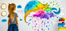 Woman Standing In Front Of Wall With Painting Of Rainbow Whale. Generative AI.