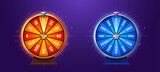 Fototapeta  - Ui lucky game spin with prize. Casino fortune wheel vector icon design. Win free gift in orange or blue roulette with luck. Turn lottery interface popup clipart collection for online app with bonus