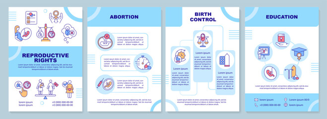 Wall Mural - Reproductive rights blue brochure template. Women empowerment. Leaflet design with linear icons. Editable 4 vector layouts for presentation, annual reports. Arial-Black, Myriad Pro-Regular fonts used