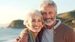 © Salsabila Ariadina - Romantic senior couple by the ocean. Affectionate elderly couple enjoying spending some quality time together after retirement, Generative AI