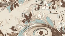  A Floral Pattern With Blue And Brown Flowers On A Beige Background.  Generative Ai