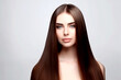 Young woman with straight long brown shiny hair. Beauty and hair care. Keratin. Generative AI