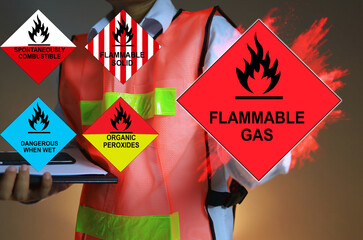 Wall Mural - warehouse workers in reflective coats show signs of dangerous goods, flammable gases and other flamm