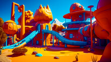 Colorful Playground With Slide In The Middle Of The Ground And Mountains In The Background. Generative AI.