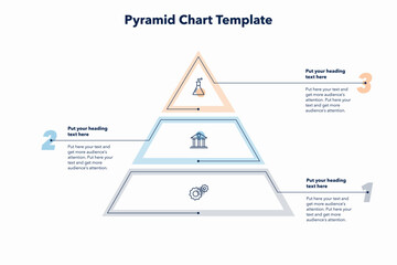 Pyramid chart template with three colorful steps. Creative diagram divided into three steps with minimalistic icons.