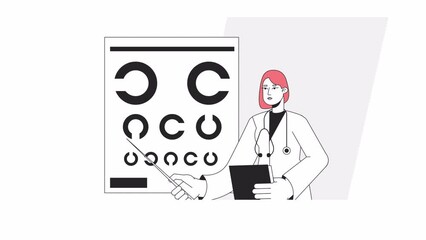 Wall Mural - check vision animation. animated female optometrist near eye chart on wall 2d cartoon flat colour li