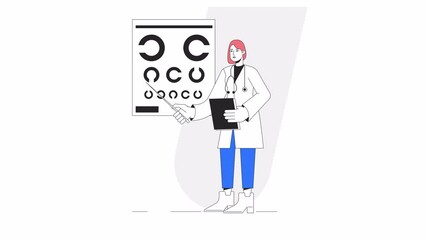 Wall Mural - vision eye test animation. animated female ophthalmologist 2d cartoon flat colour line character. op