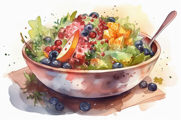 Colorful watercolor vegetable salad in a bowl, Generative AI