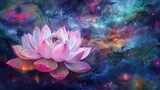 Fototapeta Kwiaty - illustration of pink lotus blossom in dream celestial atmosphere, Generative Ai