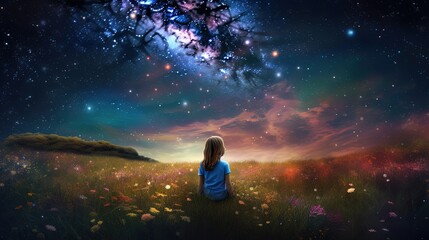 illustration of a girl sitting in flower field under starfield sky, idea for hope and faith, Generative Ai
