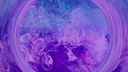 Wall Mural - Smoke circle. Mist frame. Paint water swirl. Dimension portal. Neon purple blue color fog cloud vortex blend motion abstract art background shot on RED.