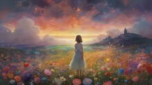 Anime Illustration Of A Woman In Pink Flower Field, Generative Ai	
