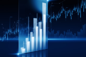 Perspective view on growing up financial chart candlestick and diagram on blue digital forex market screen background, investing and stock market concept. 3D rendering