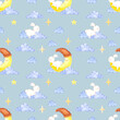 © Aleksandra Shvetsova - Hand drawn watercolor blue clouds with sleeping rabbit on smiling moon seamless pattern. Isolated on blue background. Can be used for children's textile, gift-wrapping, fabric, wallpaper.