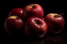 Bunch Of Juicy Fresh Red Apples On Black Background In The Style Of Rustic Food Photography, Created With Generative AI Technology