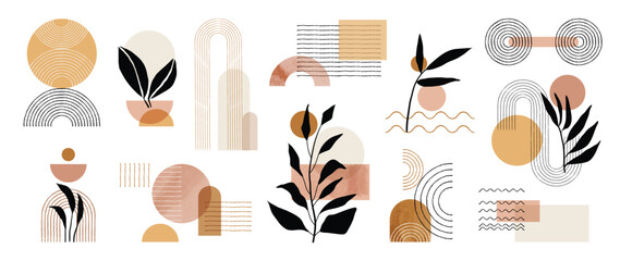 Wall Mural - Hand drawn abstract minimal element mid century vector set. Aesthetic contemporary stripe line art, watercolor geometric shapes in earth tone. Art form design for wall art, decoration, wallpaper.