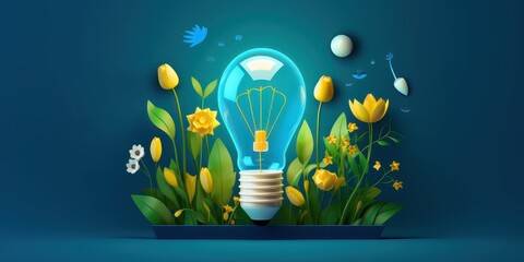 Wall Mural - Eco friendly lightbulb with plants blue background, Renewable and sustainable energy. Generative AI