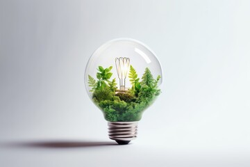 Wall Mural - eco friendly lightbulb with plants white background, renewable and sustainable energy. generative ai