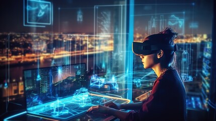 virtual reality glasses. A woman in virtual reality glasses works in the office. Business project for a startup. generative ai.