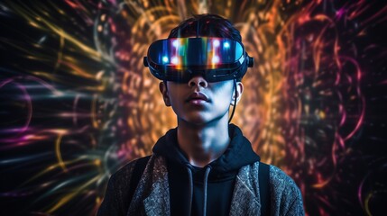 Future digital technology metaverse game and entertainment, Teenager having fun play VR virtual reality goggle, sport game 3D cyber space futuristic neon colorful background. Generative AI