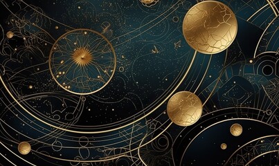 abstract cosmic background with gold metallic foil and marbled textures inlay, sacred geometry with 