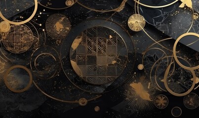 Wall Mural - Abstract cosmic background with gold metallic foil and marbled textures inlay, Sacred geometry with celestial motif, generative AI