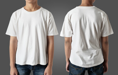 Wall Mural - White t-shirt mock up, front and back view, isolated. Teenage male model wear plain white shirt mockup. Tshirt design template
