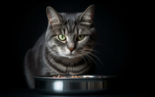 Captivating Gray Tabby Cat With Intense Green Eyes Looks Attentively While Positioned Next To A Shiny Metal Bowl Filled With Food On A Deep Black Backdrop. Ideal For Feline Care And Diet Topics.