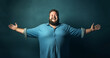© annebel146 - Portrait of confident happy caucasian middle aged man overweight, self-love concept,body-positivity, weight loss, body and health care, self loving plus size men