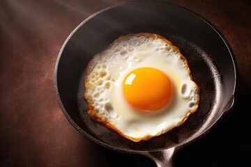 Wall Mural - delicious scrambled eggs from one egg for breakfast in a frying pan, top view.