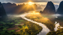 Sunrise Serenity: A Breathtaking Aerial View Of A Meandering River Landscape. Generative AI
