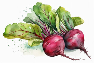 Wall Mural - Watercolor fresh beetroots with green leaves on white background, Generative AI