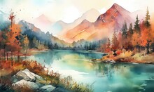 Mountains, Forests, And A Lake In A Watercolor Scene, Autumn Landscape, Generative AI
