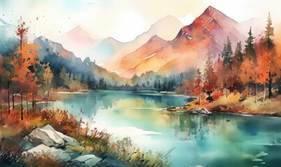Mountains, forests, and a lake in a watercolor scene, Autumn landscape, generative AI