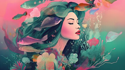 euphoria dreamy aura atmosphere, collage illustration style, a happy mermaid swim among fish underwater scene, Generative Ai