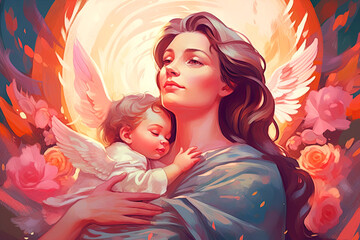 Illustration for Mother's Day. Tender embraces of mother and child in divine light. Generative AI.
