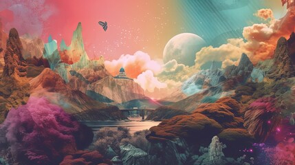Wall Mural - nature landscape in dreamy atmosphere, collage illustration style, generative ai