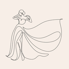 Wall Mural - Vector illustration of a bride in wedding dress and a veil minimalist line art