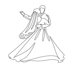 Wall Mural - Line art drawing wedding couple married man and woman dancing on the floor at party park. Romantic young man and woman holding hands and spinning around. Continuous line draw design graphic vector