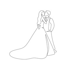 Poster - Wedding cople dance vector line art. Beautiful bride and groom line drawing. Elegant wedding agency logo. Minimalist modern illustration